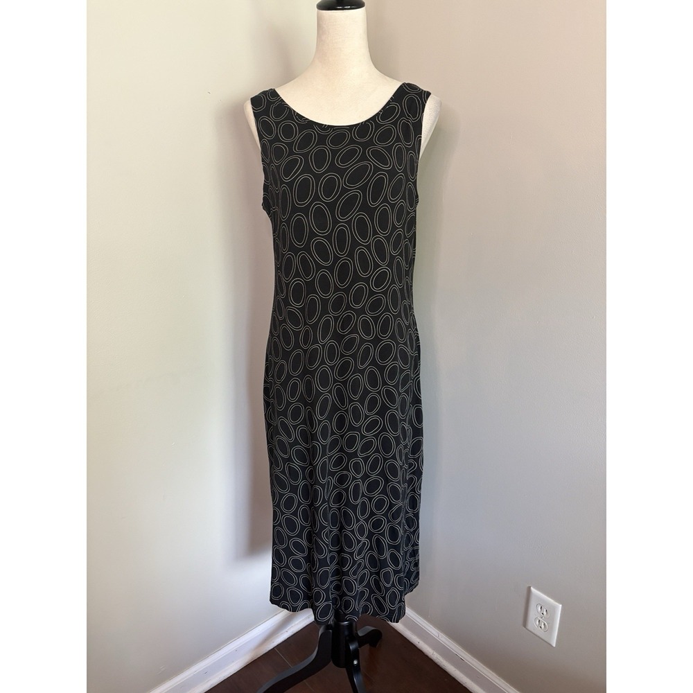 Gudrun Sjoden Black Midi Dress Sleeveless White Oval Circle Print Tencel Large